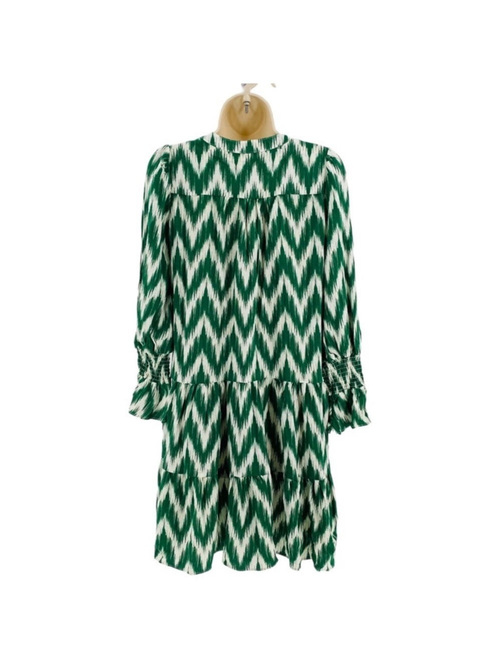 Pomander Place Tuckernuck Green White Ikat Zig Zag Print Tiered Dress Size M - Picture 12 of 14